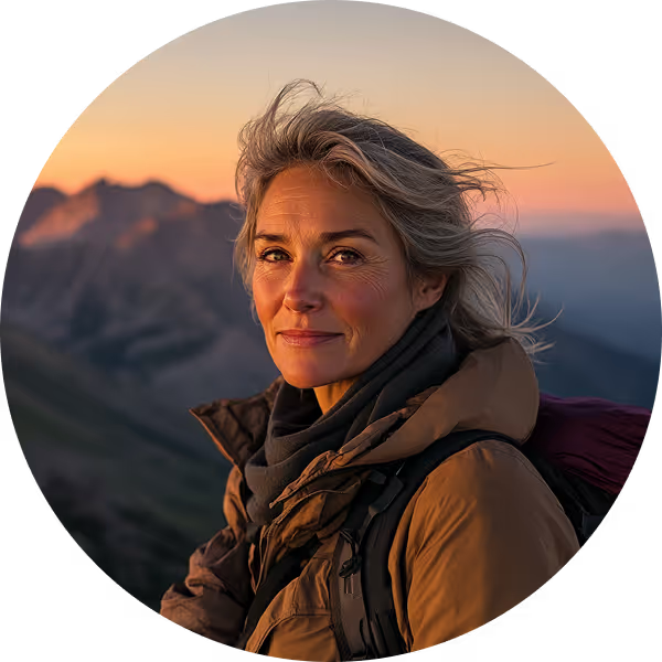 A confident woman looking towards the horizon in a mountainous landscape at sunset.
